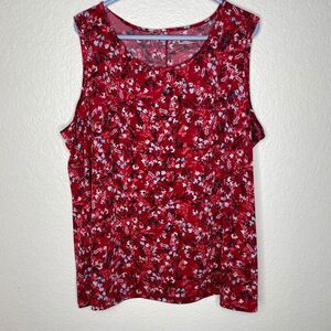 Catherines red floral slinky tank top round neck stretch picnic career girly 1x